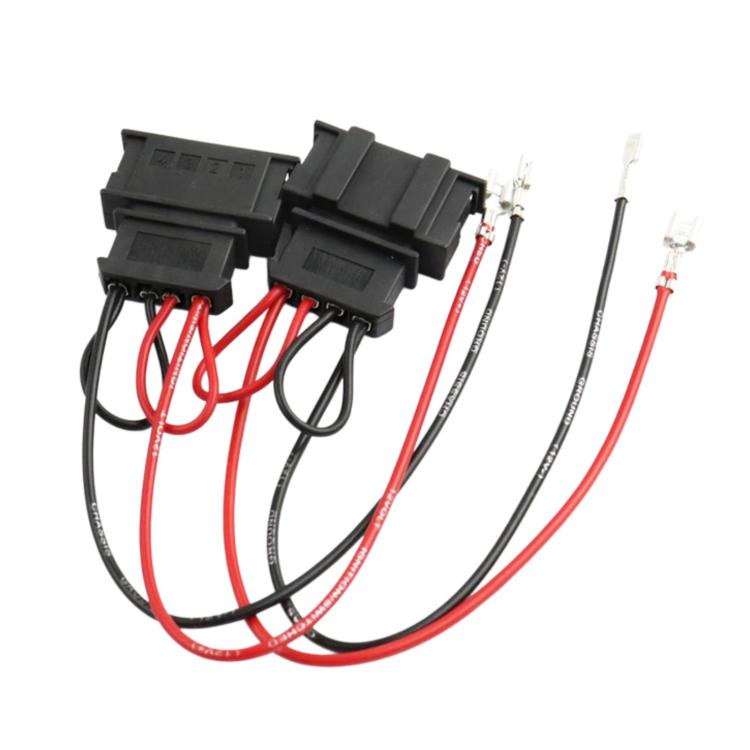 Car speaker wiring harness with multiple black plugs and red/black cable leads