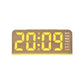 Digital alarm clock in light wood case with yellow time digits and warm yellow ambient bar