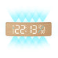 Curved digital LED wall clock with wood frame, white numbers and blue RGB backlight.
