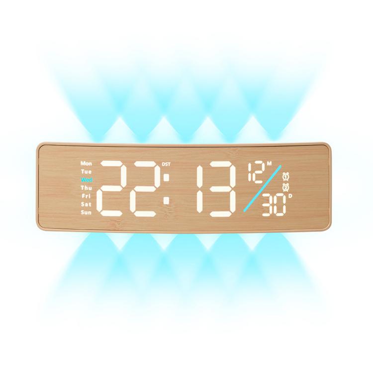 Curved digital LED wall clock with wood frame, white numbers and blue RGB backlight.
