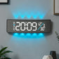 Curved digital LED wall clock with dark fabric frame, cyan numbers and blue ambient glow.