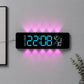 Curved digital LED wall clock with black frame, cyan numbers and purple ambient backlight.
