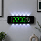 Curved digital LED wall clock with black frame, green numbers and blue-white ambient glow.