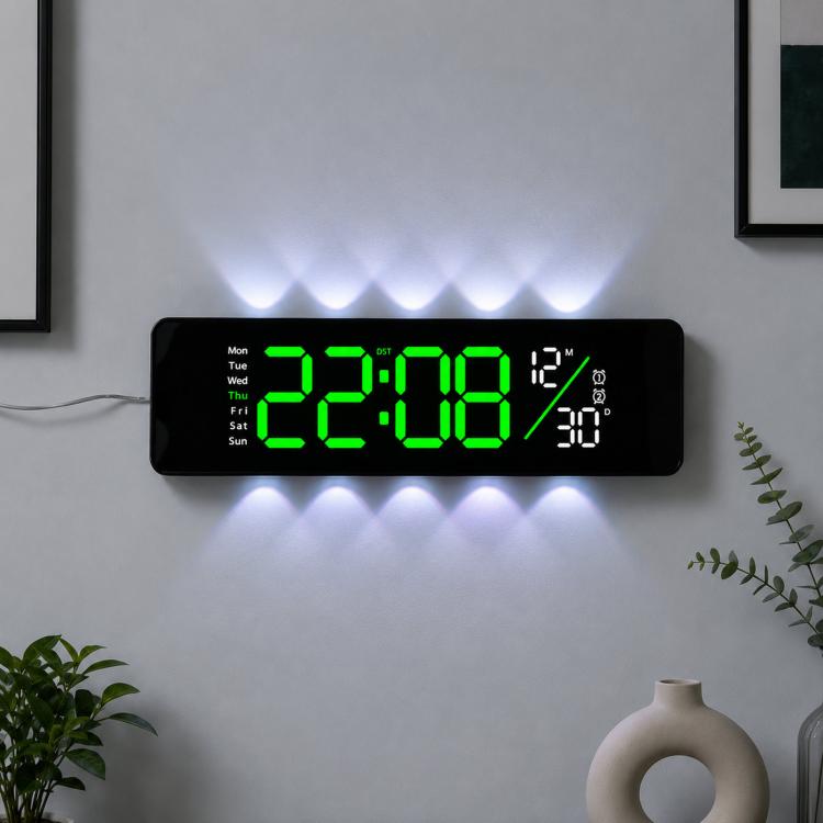 Curved digital LED wall clock with black frame, green numbers and blue-white ambient glow.