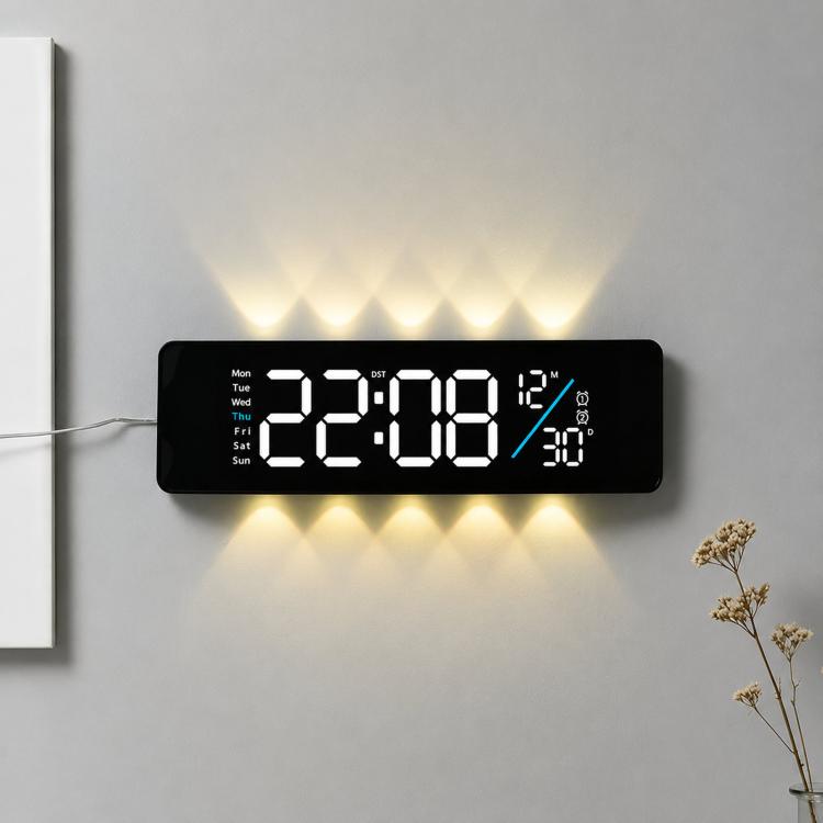Curved digital LED wall clock with black frame, white numbers and warm yellow backlight.
