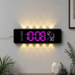 Curved digital LED wall clock with black frame, magenta numbers and warm yellow backlight.