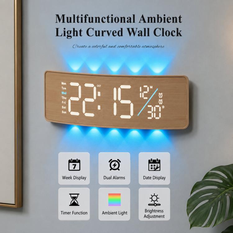 Curved digital LED wall clock with wood frame, blue backlight and feature icons shown below.