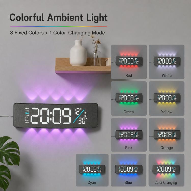 Curved digital LED wall clock with RGB ambient backlight, dark face and bright time display