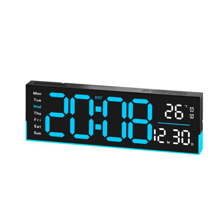 Black LED digital clock with blue segmented time, weekday, temperature and date