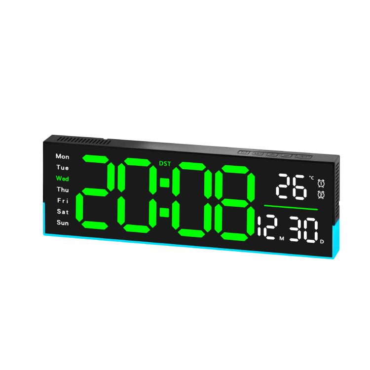 Black LED digital clock with green segmented time, weekday, temperature and date