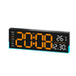 Black LED digital clock with orange segmented time, weekday, temperature and date