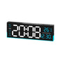 Black LED digital clock with cyan segmented time, weekday, temperature and date