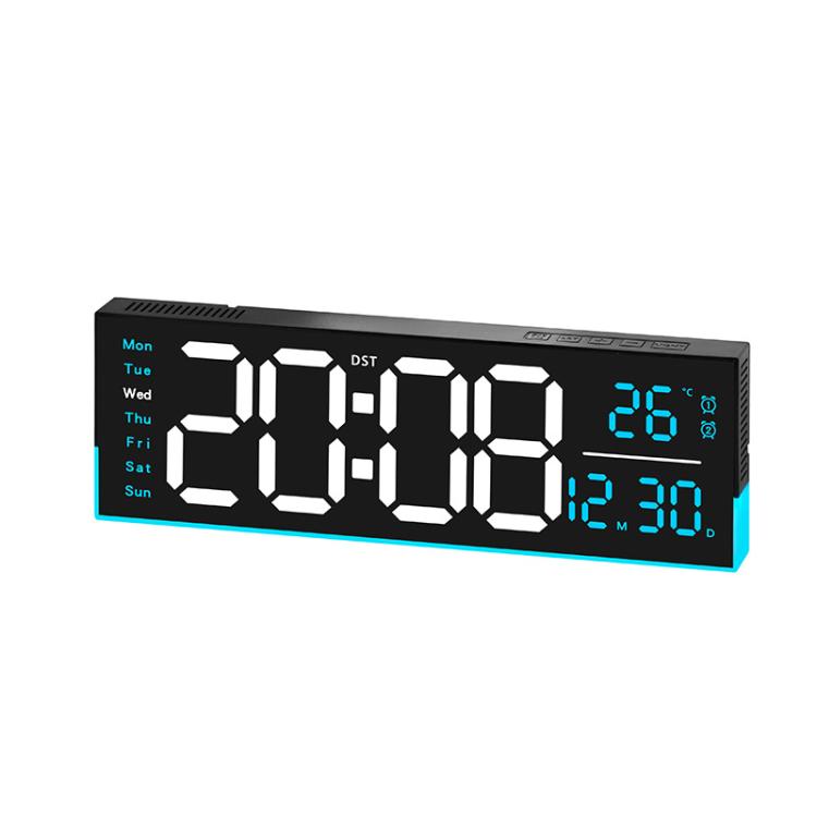 Black LED digital clock with cyan segmented time, weekday, temperature and date
