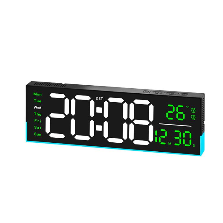 Black LED digital clock with bright green segmented time, weekday, temperature and date