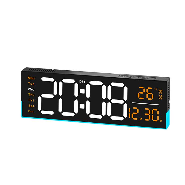 Black LED digital clock with orange segmented time, weekday, temperature and date
