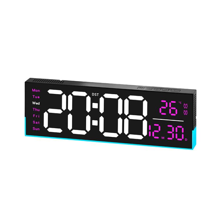 Black LED digital clock with purple segmented time, weekday, temperature and date