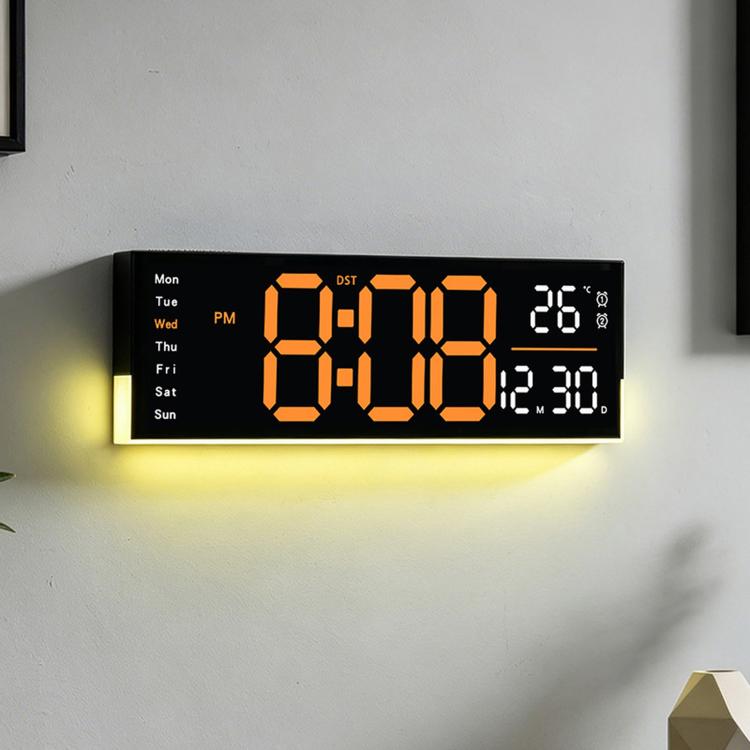 Black LED wall clock with orange segmented time, weekday, temperature and date