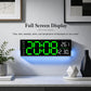 Black LED wall clock with blue segmented time, weekday, temperature and date