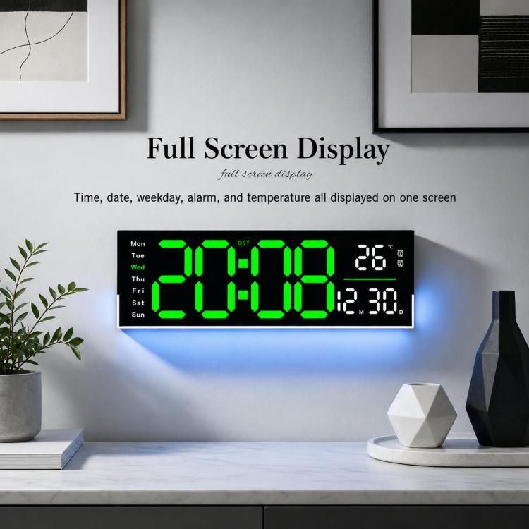 Black LED wall clock with blue segmented time, weekday, temperature and date