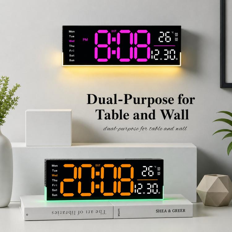 Black digital LED wall clock with large purple time display and RGB ambient light glow