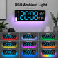 Digital LED wall clock with RGB ambient light and bright blue time display