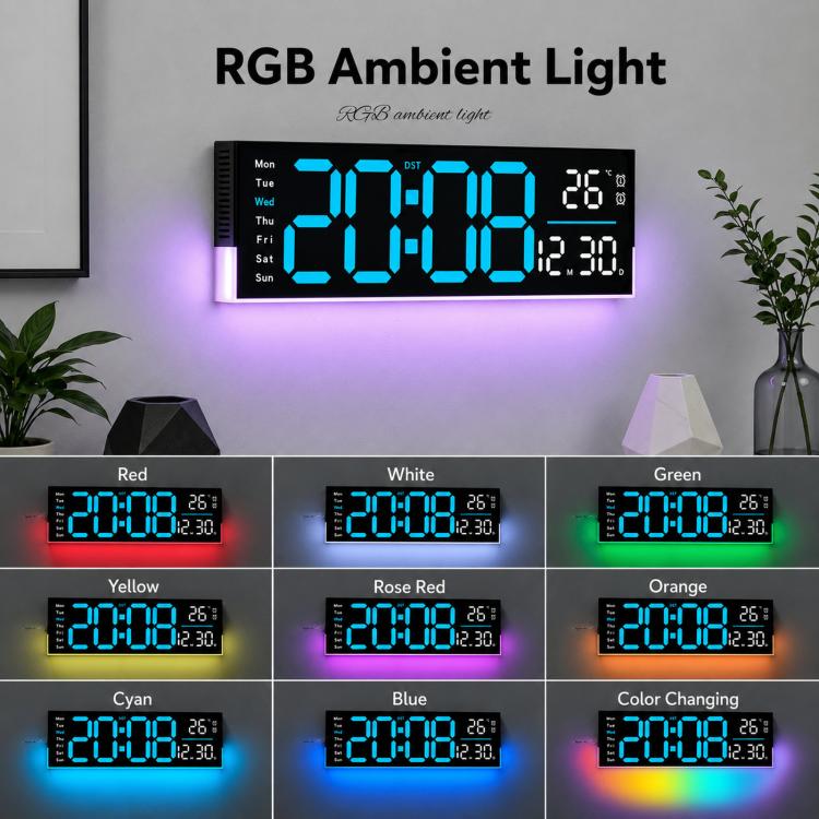 Digital LED wall clock with RGB ambient light and bright blue time display
