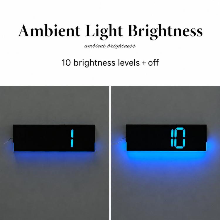 Digital LED wall clock showing blue digits on low and high brightness settings