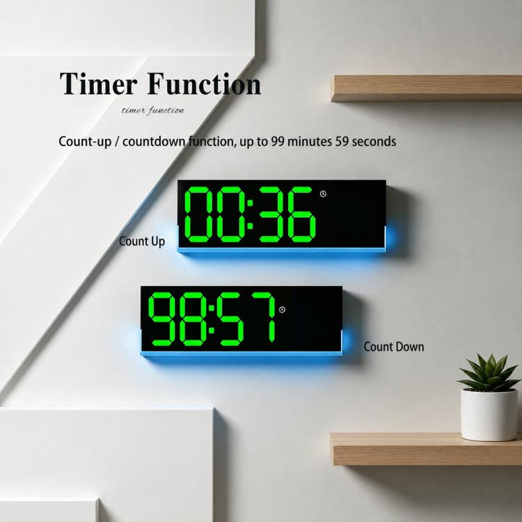Black digital LED wall clock with green timer count-up and count-down displays