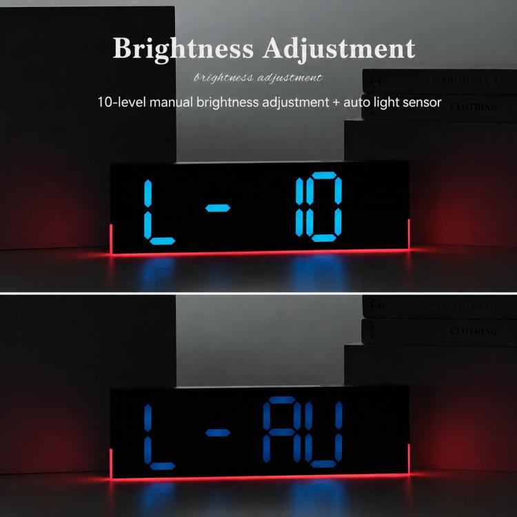 Black digital LED wall clock brightness adjustment with blue digits on RGB light strip