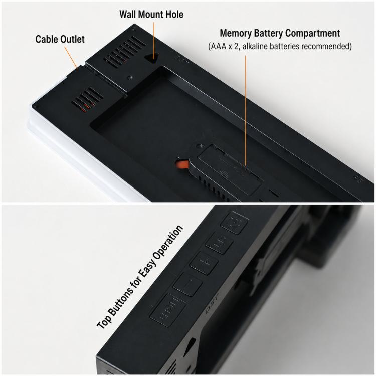 Black LED wall clock back panel showing wall mount hole, cable outlet, and battery compartment