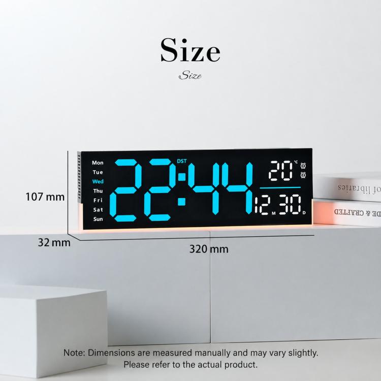 Black digital LED wall clock size diagram with 320 mm width and 107 mm height