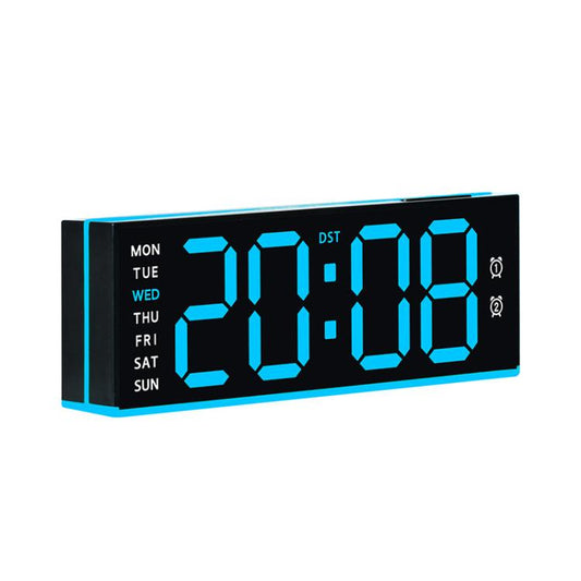 Digital alarm clock with blue LED time display, black face, blue border, day-of-week labels