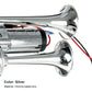 Silver chrome-plated zinc double electric horn, close-up of twin trumpet mouths