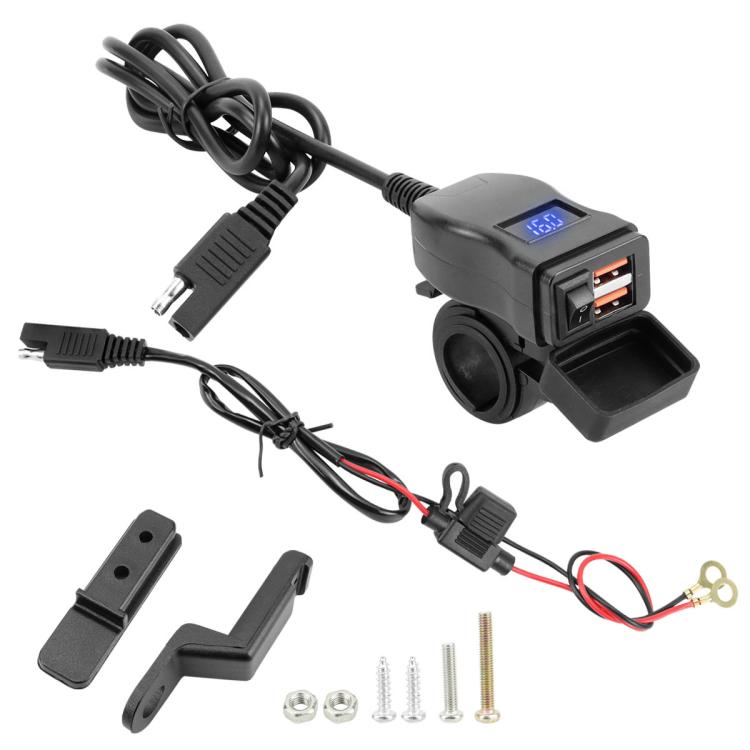 Motorcycle waterproof USB charger with digital voltmeter display and dual QC ports