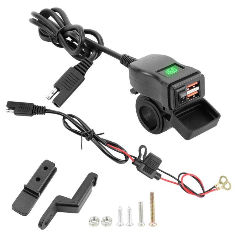 Motorcycle waterproof USB charger with green digital voltmeter display and dual QC ports