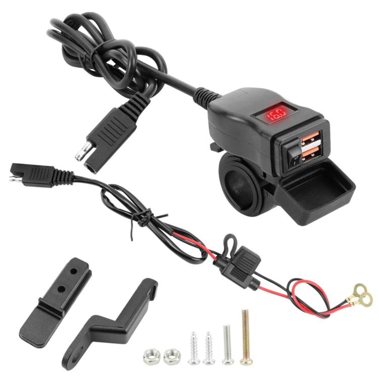 Motorcycle waterproof USB charger with red digital voltmeter display and dual QC ports