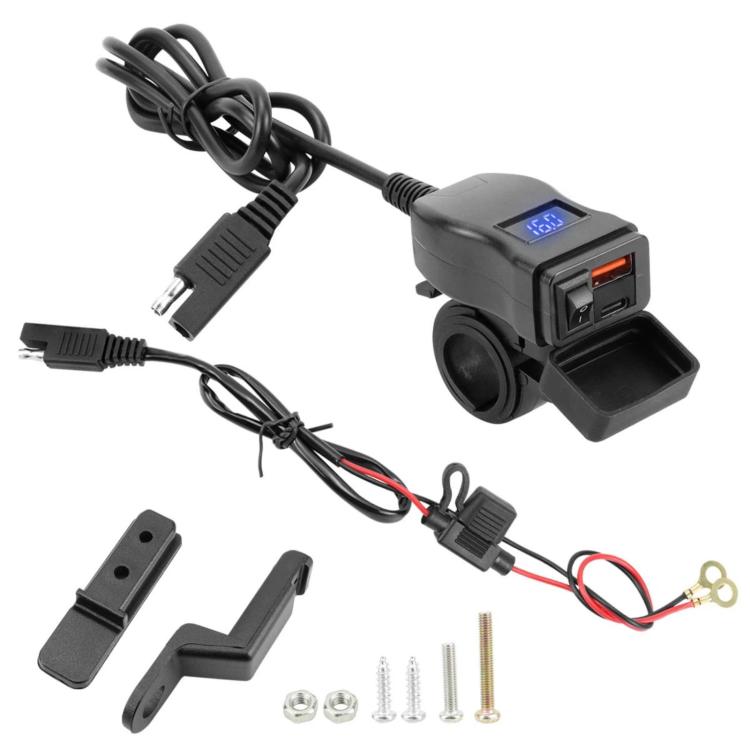 Motorcycle waterproof USB charger with blue digital voltmeter display and dual QC ports