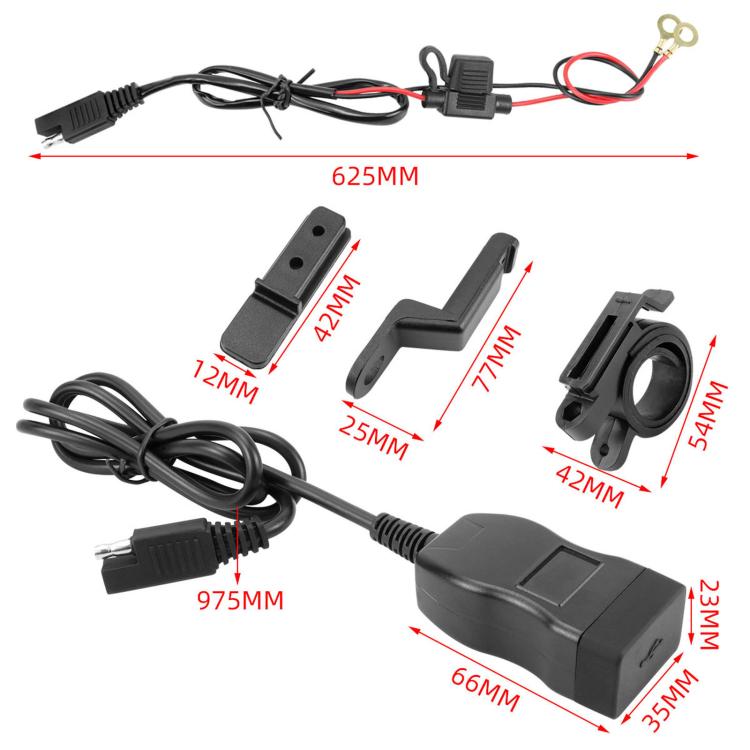 Motorcycle waterproof USB charger kit with mounting brackets, wiring harness, and parts