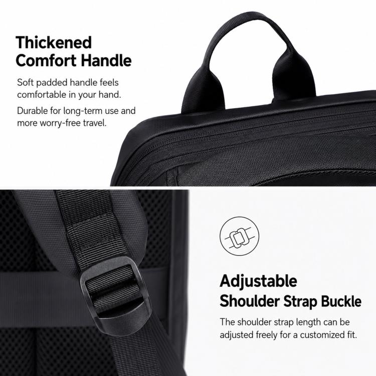 Black travel backpack with padded comfort handle and adjustable shoulder strap buckle