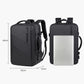 Expandable travel laptop backpack with luggage handle strap, shown with size dimensions