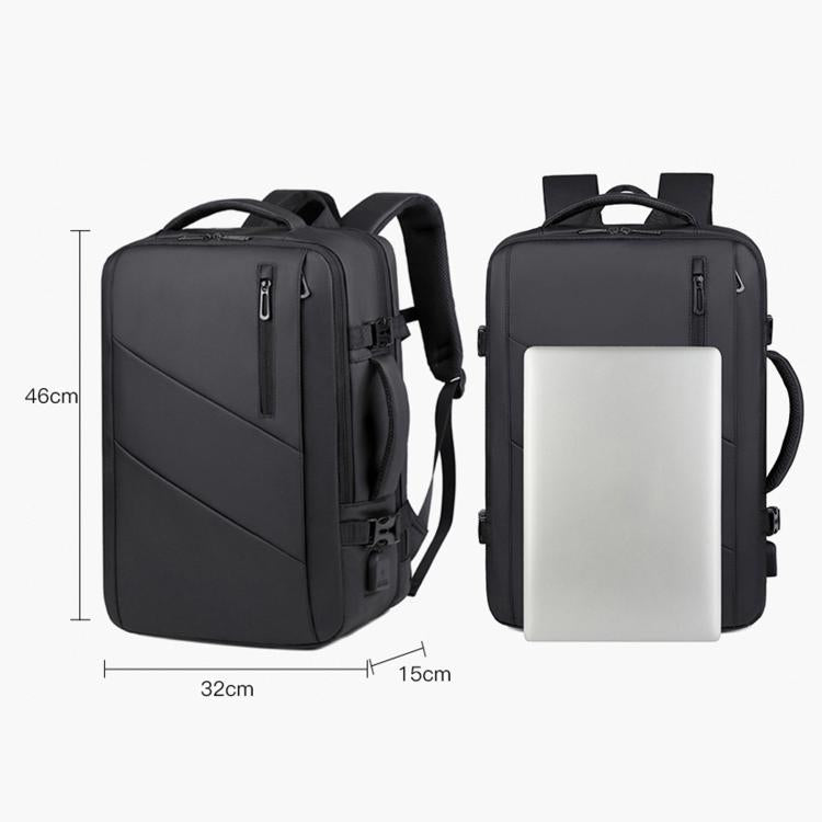 Expandable travel laptop backpack with luggage handle strap, shown with size dimensions