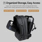 Expandable laptop backpack with open clamshell and organized interior storage pockets, black