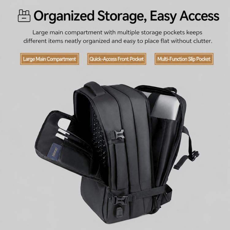 Expandable laptop backpack with open clamshell and organized interior storage pockets, black