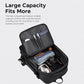 Expandable laptop backpack open to reveal interior compartments for larger capacity, black