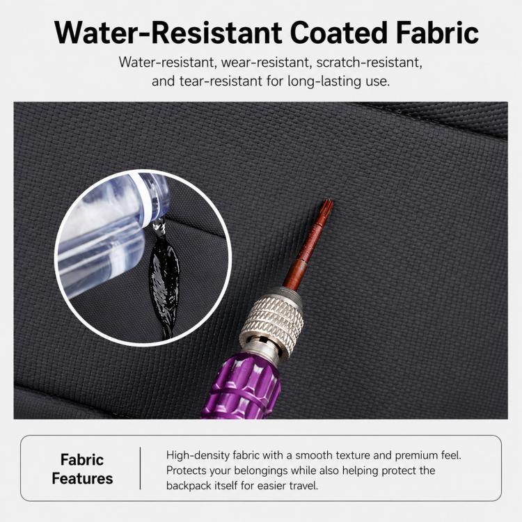 Water-resistant coated fabric detail for expandable laptop backpack, dark textured weave