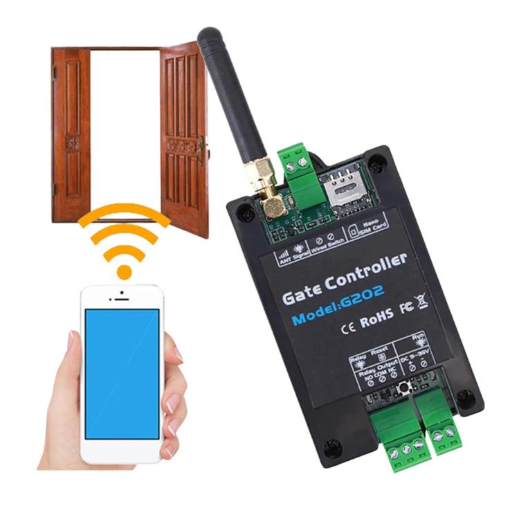 Gate opener controller module with black housing and tall antenna, green terminal block