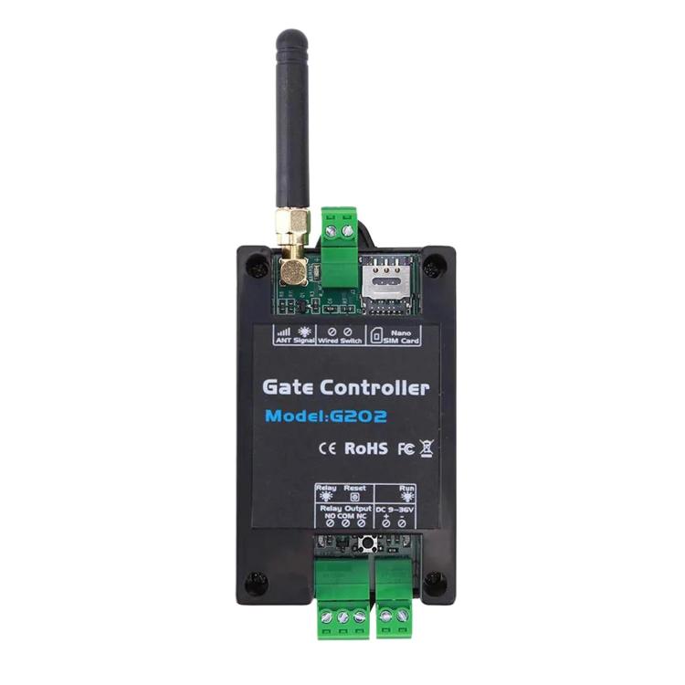 Gate controller module with antenna and green screw terminals, front label Model:G202