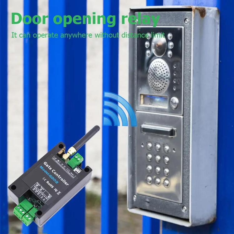 Gate controller module beside metal intercom panel, with antenna and green terminal block