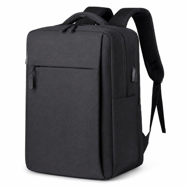 Black waterproof laptop backpack with front pocket and adjustable shoulder strap