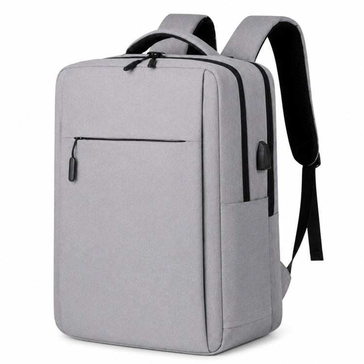 Light gray laptop backpack with front zipper, side pocket, and padded carry handles